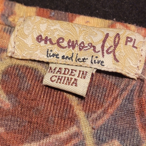 ONEWORLD ♡ Gorgeous Orange|Redish|Black|Tan Graphic Embellished Babydoll Top PL - Picture 16 of 17